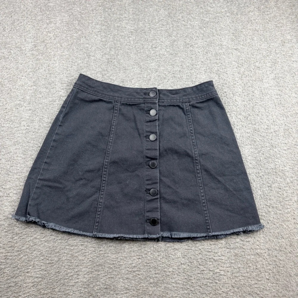 H&M Divided Black Denim Women's 4 Button‎ Front Mini Skirt Raw Hem